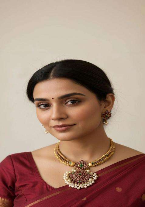 Gold-Plated Temple Stone Studded & Beaded Necklace and Earrings for Women | Traditional Temple Jewellery for Wedding & Festive Wear | Gift for Her