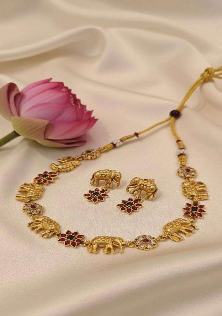 Gold-Plated Temple Stone Studded & Beaded Necklace and Earrings for Women | Traditional Temple Jewellery for Wedding & Festive Wear | Gift for Her - Indya