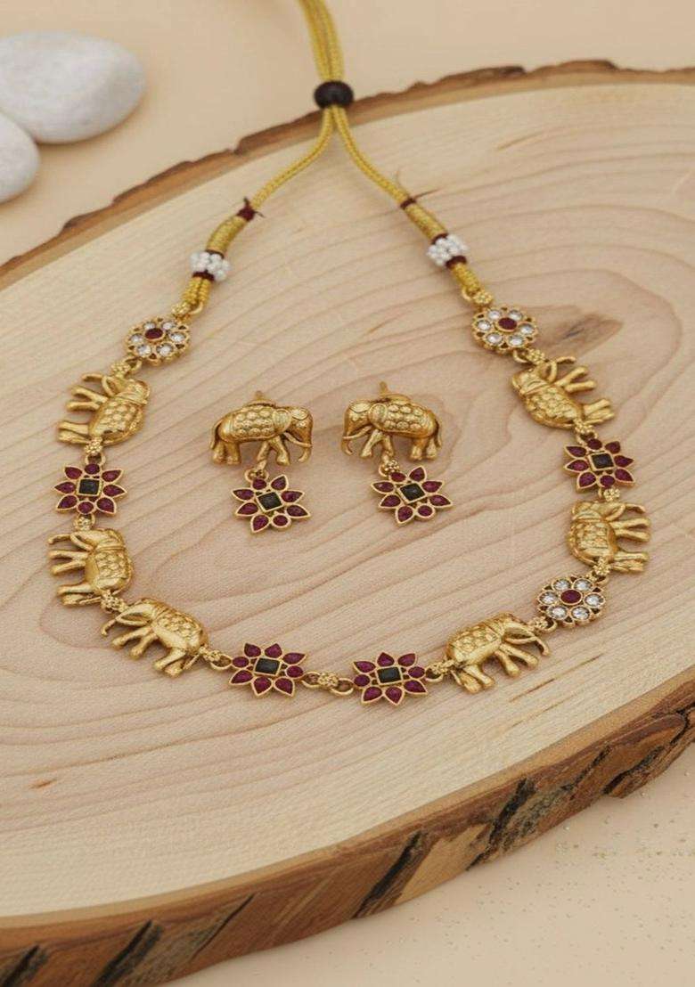 Gold-Plated Temple Stone Studded & Beaded Necklace and Earrings for Women | Traditional Temple Jewellery for Wedding & Festive Wear | Gift for Her - Indya