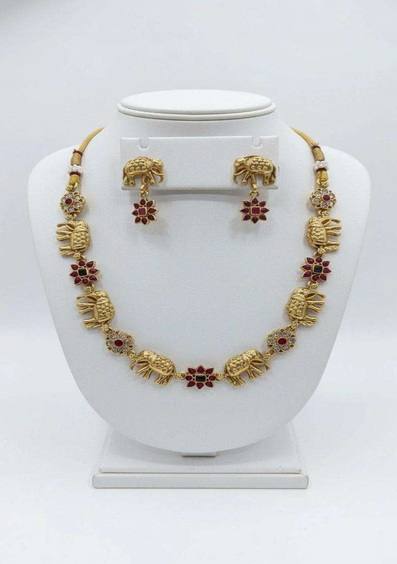 Gold-Plated Temple Stone Studded & Beaded Necklace and Earrings for Women | Traditional Temple Jewellery for Wedding & Festive Wear | Gift for Her - Indya