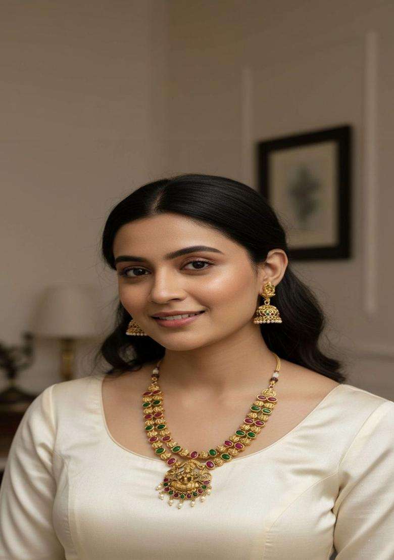 Gold-Plated Temple Stone Studded & Beaded Necklace and Earrings for Women | Traditional Temple Jewellery for Wedding & Festive Wear | Gift for Her - Indya