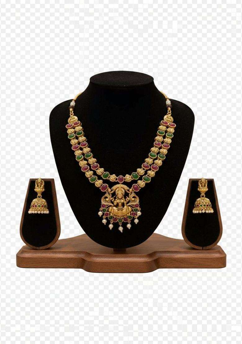 Gold-Plated Temple Stone Studded & Beaded Necklace and Earrings for Women | Traditional Temple Jewellery for Wedding & Festive Wear | Gift for Her - Indya