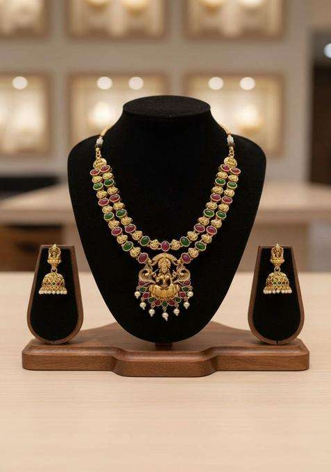 Gold-Plated Temple Stone Studded & Beaded Necklace and Earrings for Women | Traditional Temple Jewellery for Wedding & Festive Wear | Gift for Her