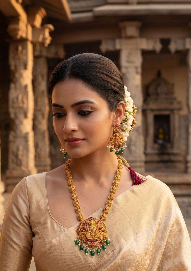 Gold-Plated Temple Stone Studded & Beaded Necklace and Earrings for Women | Traditional Temple Jewellery for Wedding & Festive Wear | Gift for Her - Indya