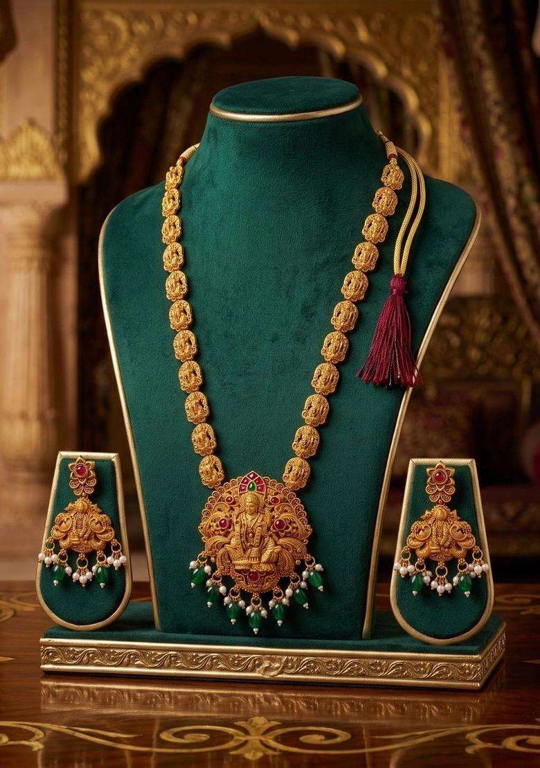 Gold-Plated Temple Stone Studded & Beaded Necklace and Earrings for Women | Traditional Temple Jewellery for Wedding & Festive Wear | Gift for Her - Indya