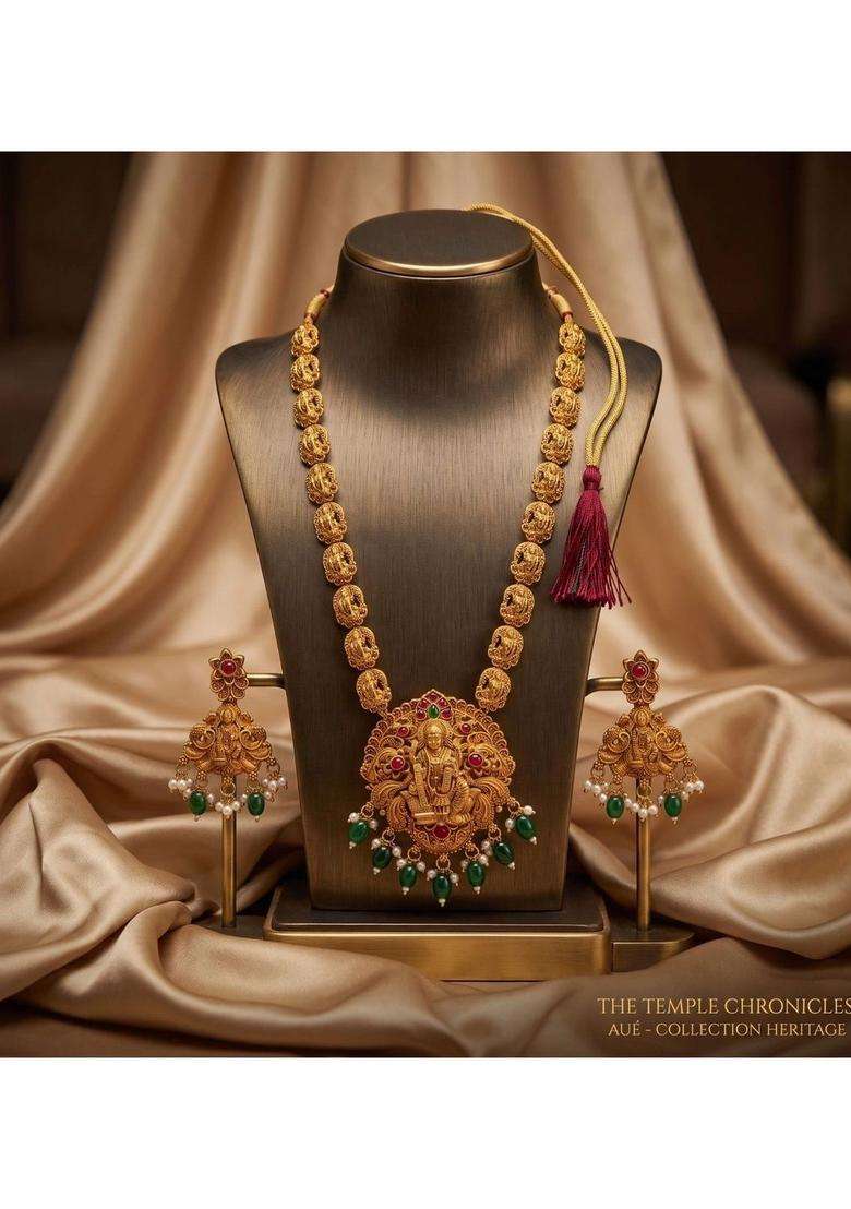 Gold-Plated Temple Stone Studded & Beaded Necklace and Earrings for Women | Traditional Temple Jewellery for Wedding & Festive Wear | Gift for Her - Indya