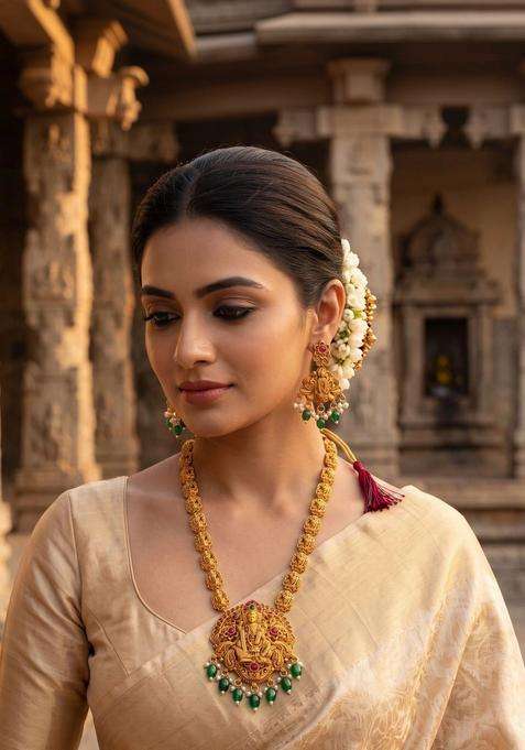 Gold-Plated Temple Stone Studded & Beaded Necklace and Earrings for Women | Traditional Temple Jewellery for Wedding & Festive Wear | Gift for Her