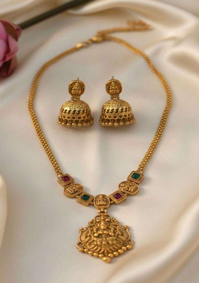 Gold-Plated Temple Stone Studded & Beaded Necklace and Earrings for Women | Traditional Temple Jewellery for Wedding & Festive Wear | Gift for Her - Indya