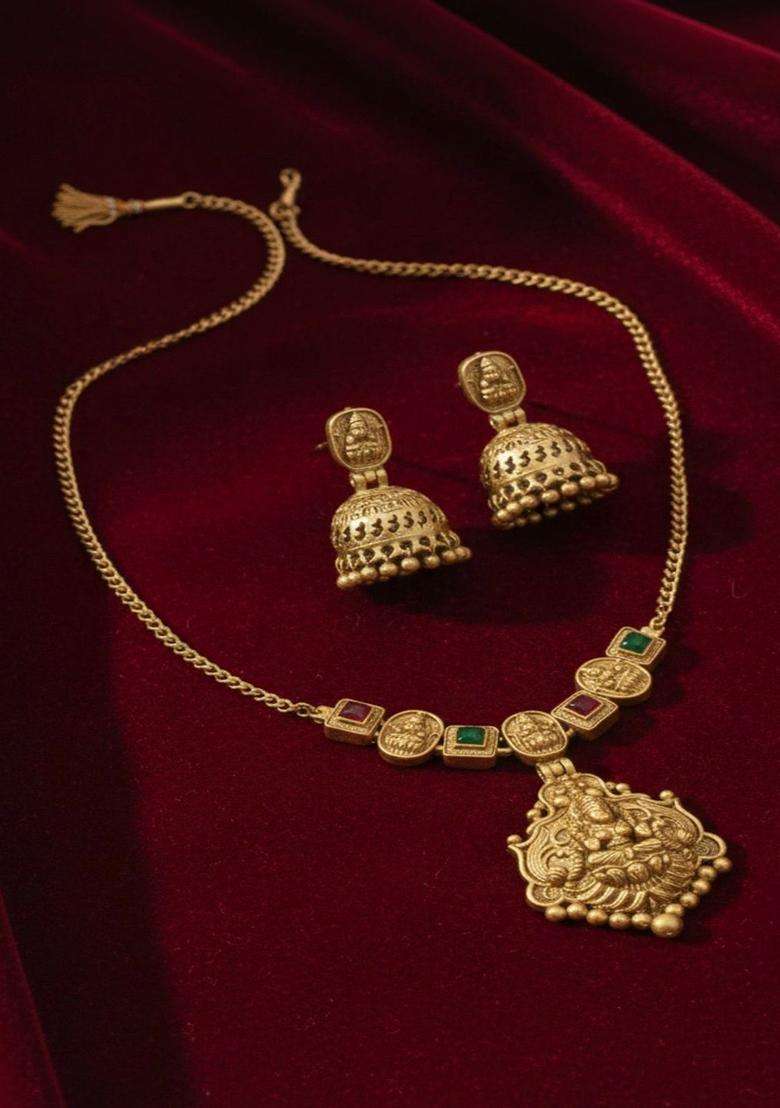 Gold-Plated Temple Stone Studded & Beaded Necklace and Earrings for Women | Traditional Temple Jewellery for Wedding & Festive Wear | Gift for Her - Indya