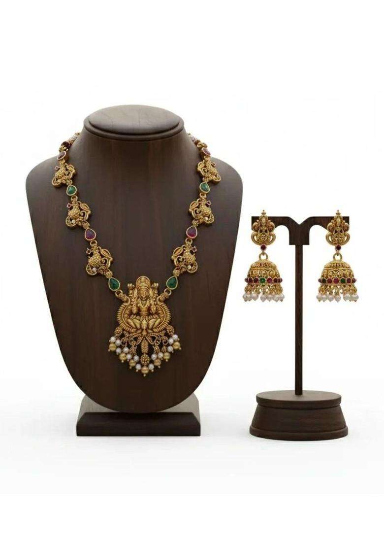 Gold-Plated Temple Stone Studded & Beaded Necklace and Earrings for Women | Traditional Temple Jewellery for Wedding & Festive Wear | Gift for Her - Indya