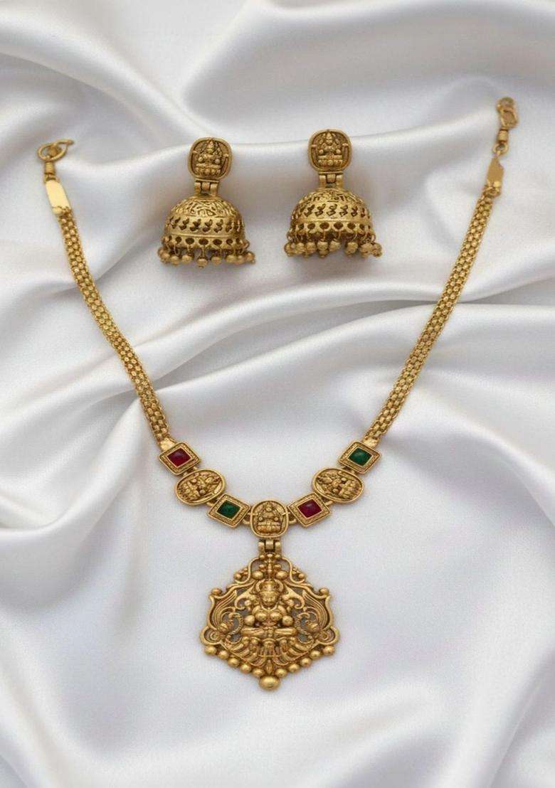 Gold-Plated Temple Stone Studded & Beaded Necklace and Earrings for Women | Traditional Temple Jewellery for Wedding & Festive Wear | Gift for Her - Indya