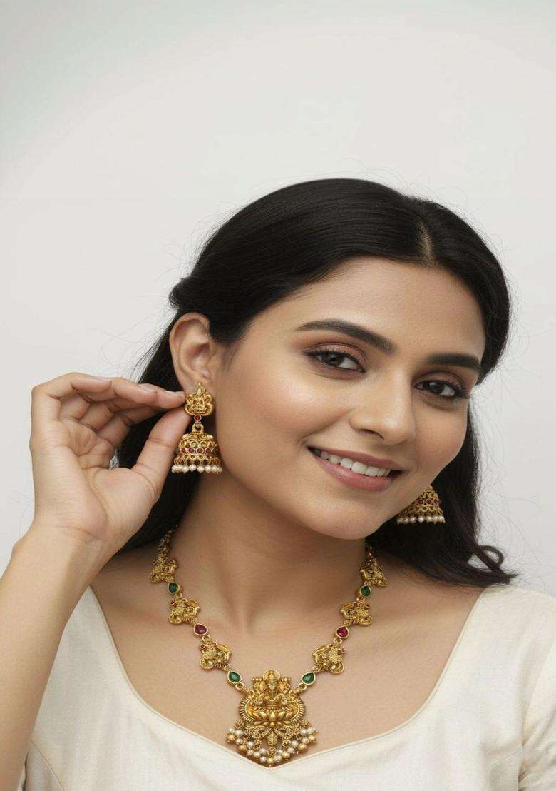 Gold-Plated Temple Stone Studded & Beaded Necklace and Earrings for Women | Traditional Temple Jewellery for Wedding & Festive Wear | Gift for Her - Indya