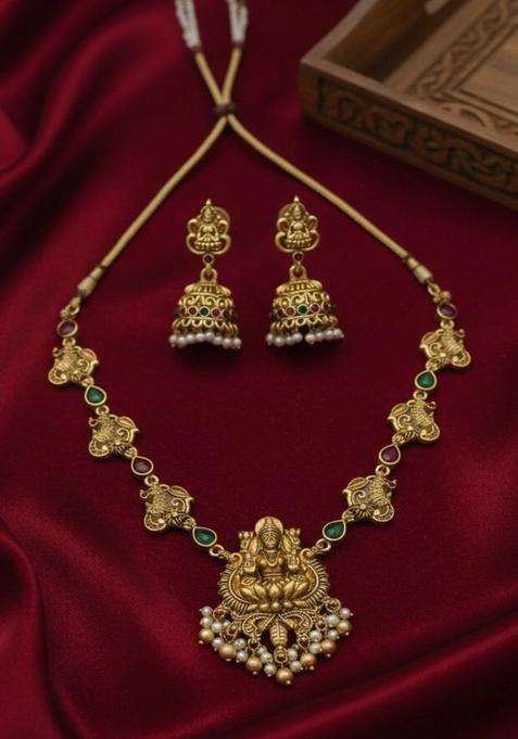 Gold-Plated Temple Stone Studded & Beaded Necklace and Earrings for Women | Traditional Temple Jewellery for Wedding & Festive Wear | Gift for Her