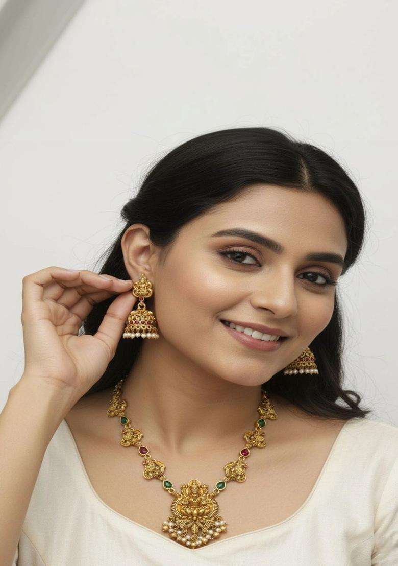 Gold-Plated Temple Stone Studded & Beaded Necklace and Earrings for Women | Traditional Temple Jewellery for Wedding & Festive Wear | Gift for Her - Indya