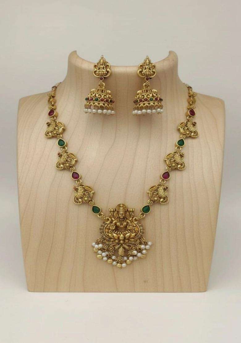 Gold-Plated Temple Stone Studded & Beaded Necklace and Earrings for Women | Traditional Temple Jewellery for Wedding & Festive Wear | Gift for Her - Indya