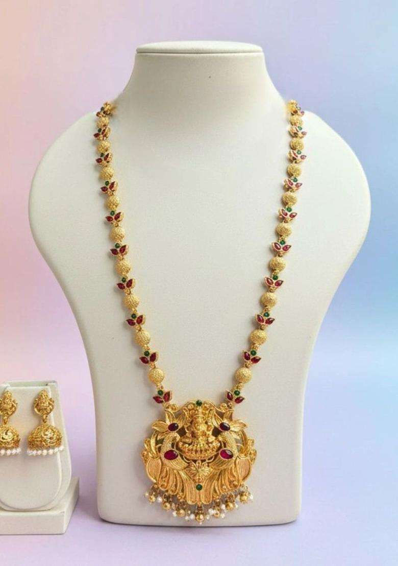 Gold-Plated Temple Stone Studded & Beaded Necklace and Earrings for Women | Traditional Temple Jewellery for Wedding & Festive Wear | Gift for Her - Indya