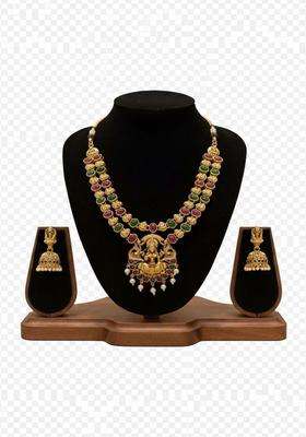 Gold-Plated Temple Stone Studded & Beaded Necklace and Earrings for Women | Traditional Temple Jewellery for Wedding & Festive Wear | Gift for Her