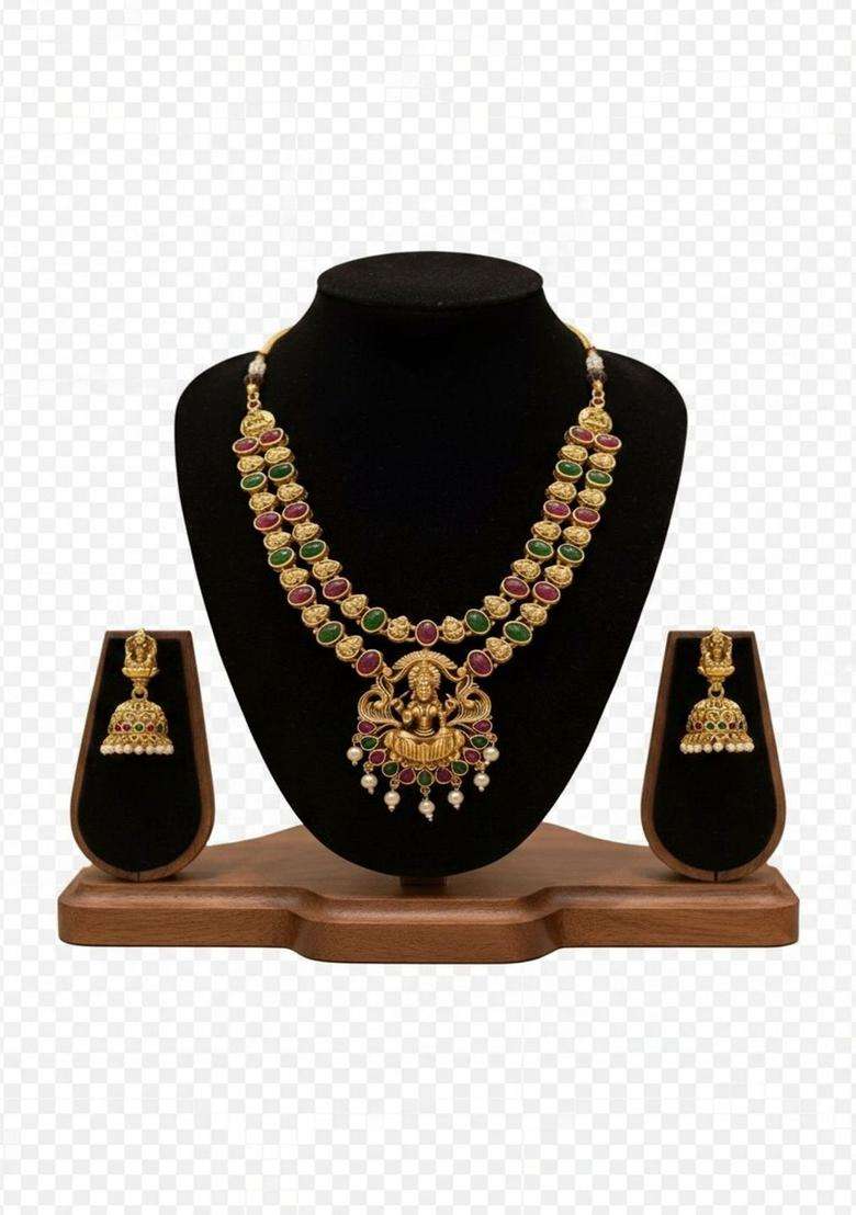 Gold-Plated Temple Stone Studded & Beaded Necklace and Earrings for Women | Traditional Temple Jewellery for Wedding & Festive Wear | Gift for Her - Indya