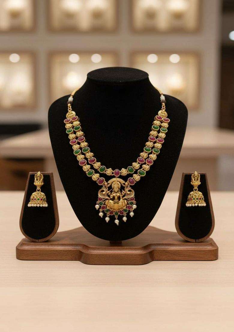 Gold-Plated Temple Stone Studded & Beaded Necklace and Earrings for Women | Traditional Temple Jewellery for Wedding & Festive Wear | Gift for Her - Indya