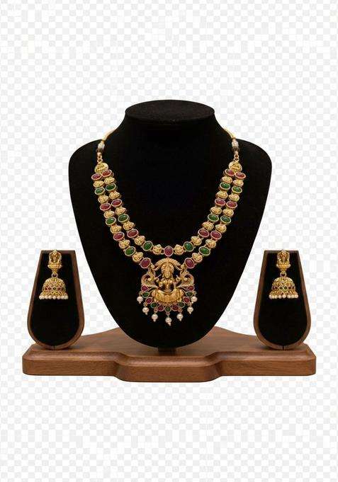 Gold-Plated Temple Stone Studded & Beaded Necklace and Earrings for Women | Traditional Temple Jewellery for Wedding & Festive Wear | Gift for Her