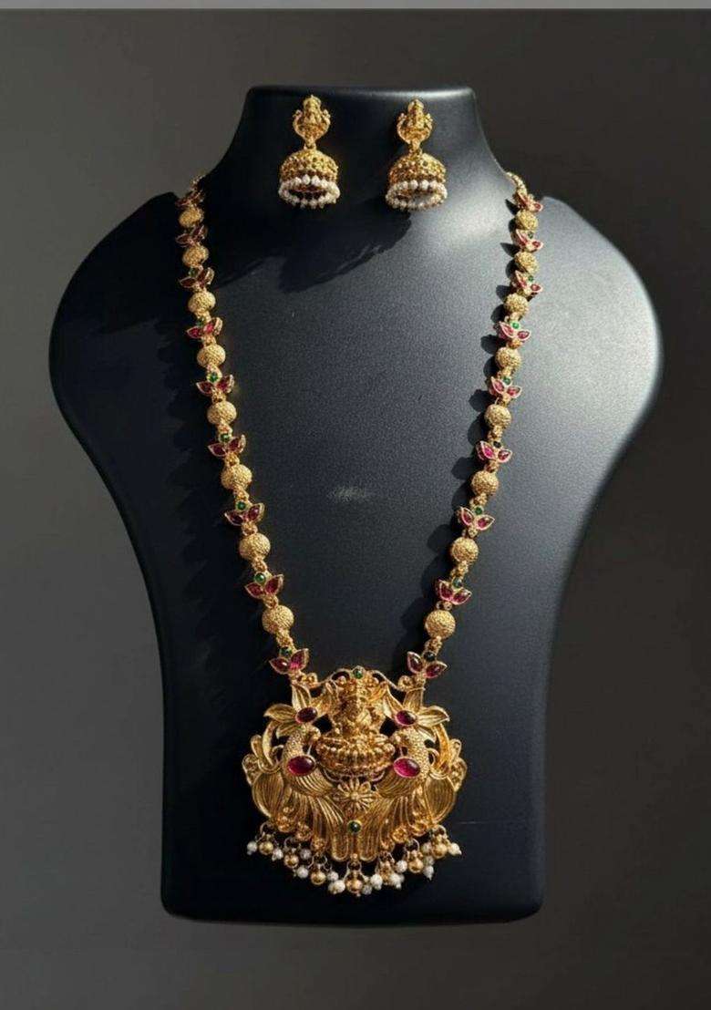 Gold-Plated Temple Stone Studded & Beaded Necklace and Earrings for Women | Traditional Temple Jewellery for Wedding & Festive Wear | Gift for Her - Indya