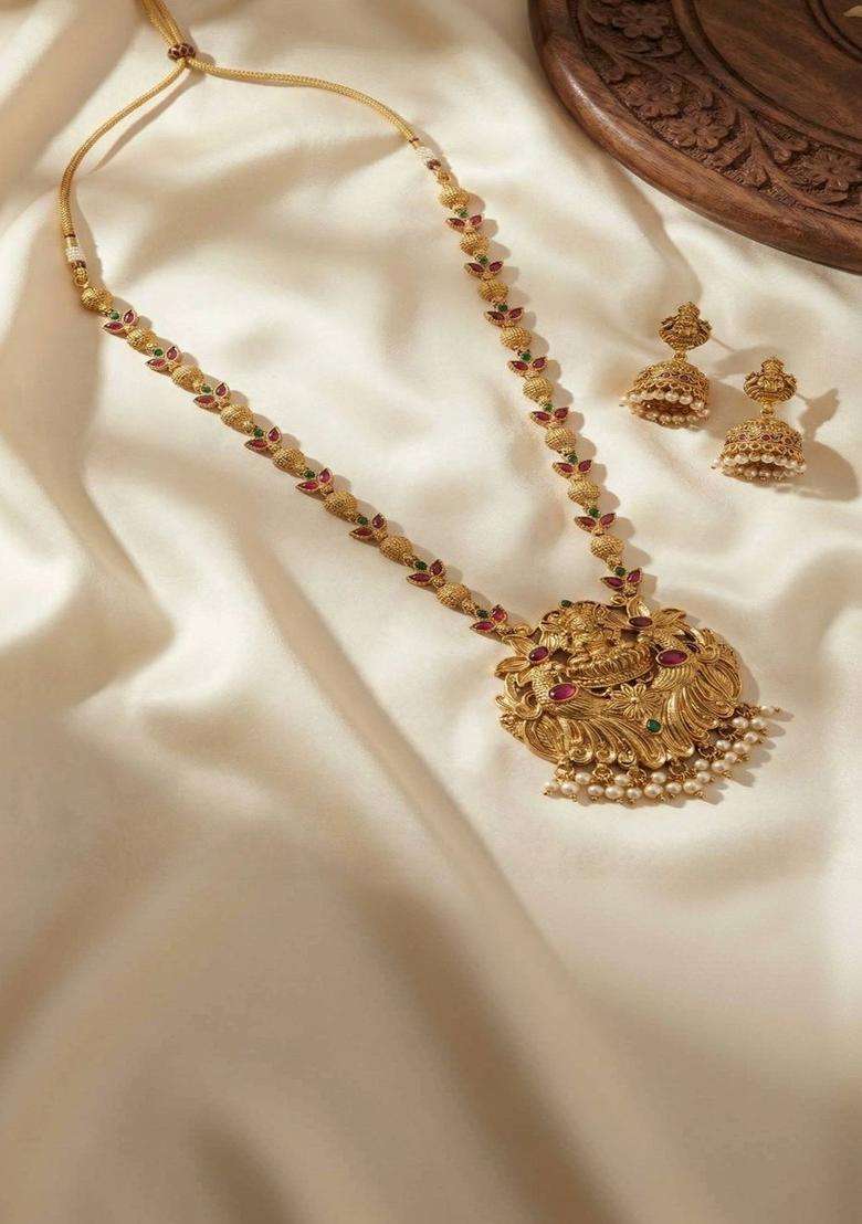 Gold-Plated Temple Stone Studded & Beaded Necklace and Earrings for Women | Traditional Temple Jewellery for Wedding & Festive Wear | Gift for Her - Indya