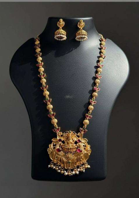 Gold-Plated Temple Stone Studded & Beaded Necklace and Earrings for Women | Traditional Temple Jewellery for Wedding & Festive Wear | Gift for Her