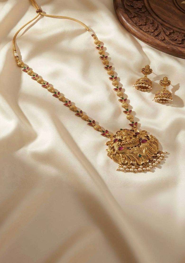 Gold-Plated Temple Stone Studded & Beaded Necklace and Earrings for Women | Traditional Temple Jewellery for Wedding & Festive Wear | Gift for Her - Indya