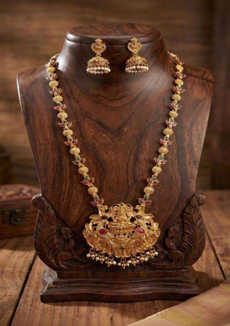 Gold-Plated Temple Stone Studded & Beaded Necklace and Earrings for Women | Traditional Temple Jewellery for Wedding & Festive Wear | Gift for Her - Indya