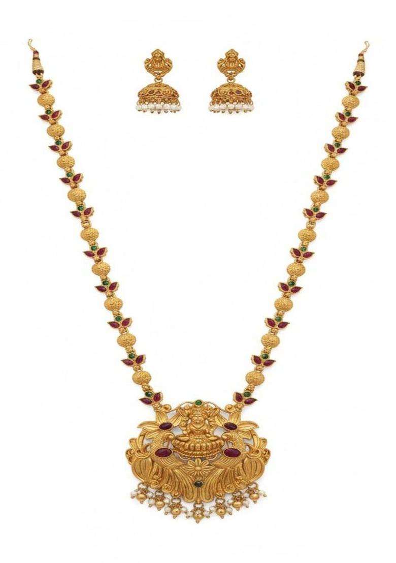 Gold-Plated Temple Stone Studded & Beaded Necklace and Earrings for Women | Traditional Temple Jewellery for Wedding & Festive Wear | Gift for Her - Indya