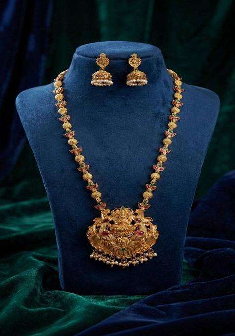 Gold-Plated Temple Stone Studded & Beaded Necklace and Earrings for Women | Traditional Temple Jewellery for Wedding & Festive Wear | Gift for Her