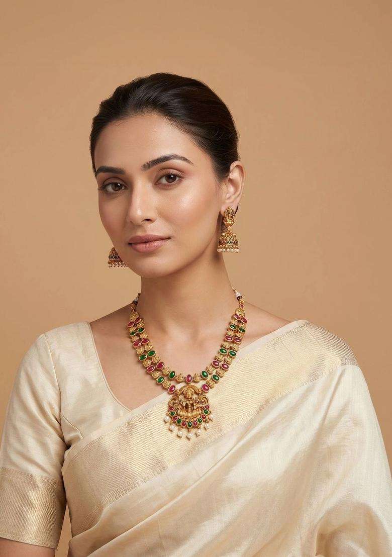Gold-Plated Temple Stone Studded & Beaded Necklace and Earrings for Women | Traditional Temple Jewellery for Wedding & Festive Wear | Gift for Her - Indya