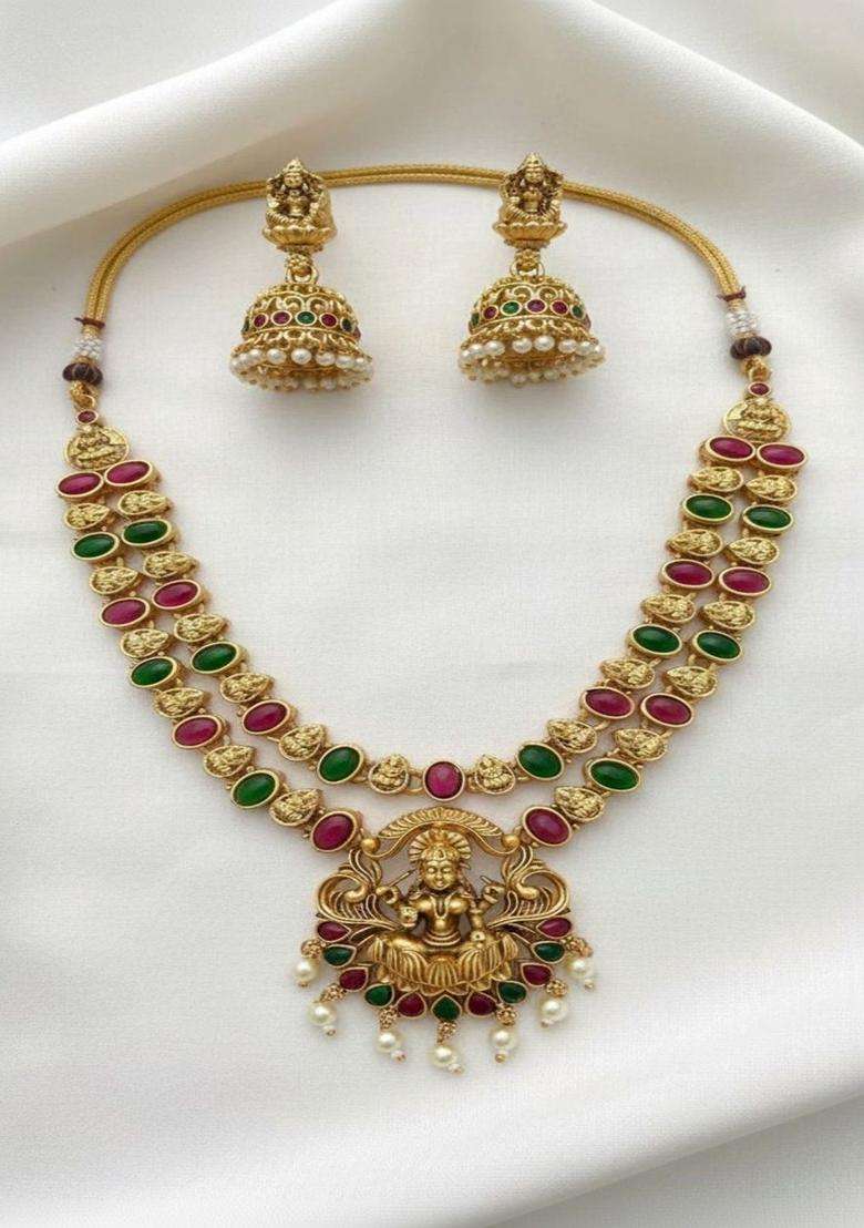 Gold-Plated Temple Stone Studded & Beaded Necklace and Earrings for Women | Traditional Temple Jewellery for Wedding & Festive Wear | Gift for Her - Indya