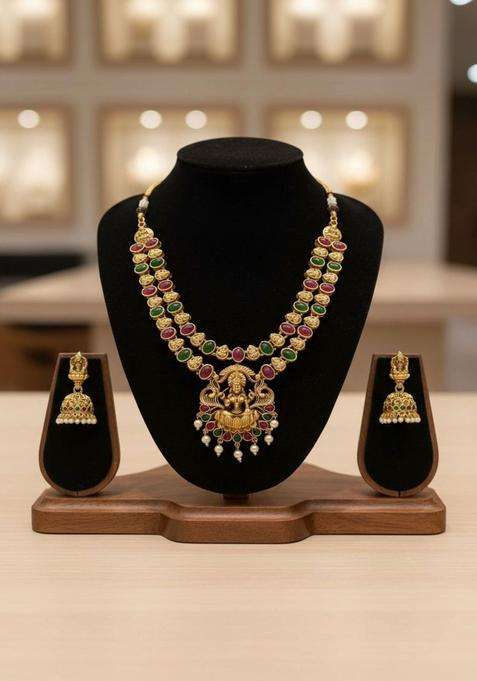 Gold-Plated Temple Stone Studded & Beaded Necklace and Earrings for Women | Traditional Temple Jewellery for Wedding & Festive Wear | Gift for Her