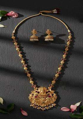 Gold-Plated Temple Stone Studded & Beaded Necklace and Earrings for Women | Traditional Temple Jewellery for Wedding & Festive Wear | Gift for Her