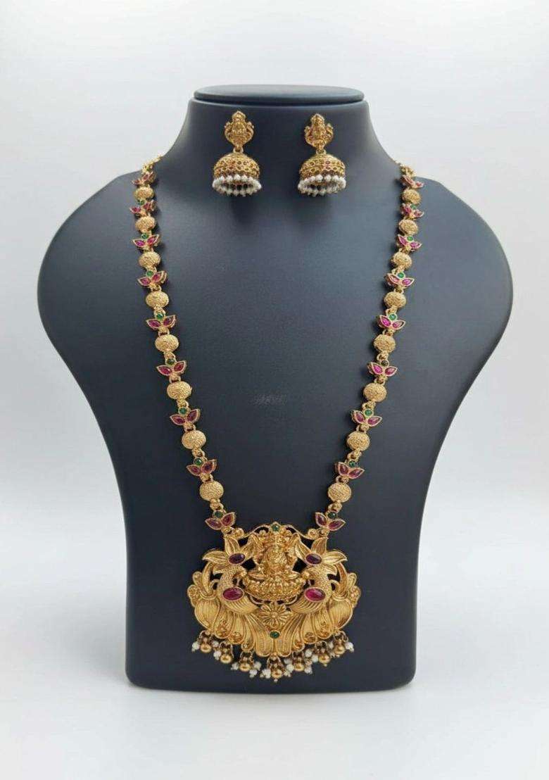Gold-Plated Temple Stone Studded & Beaded Necklace and Earrings for Women | Traditional Temple Jewellery for Wedding & Festive Wear | Gift for Her - Indya