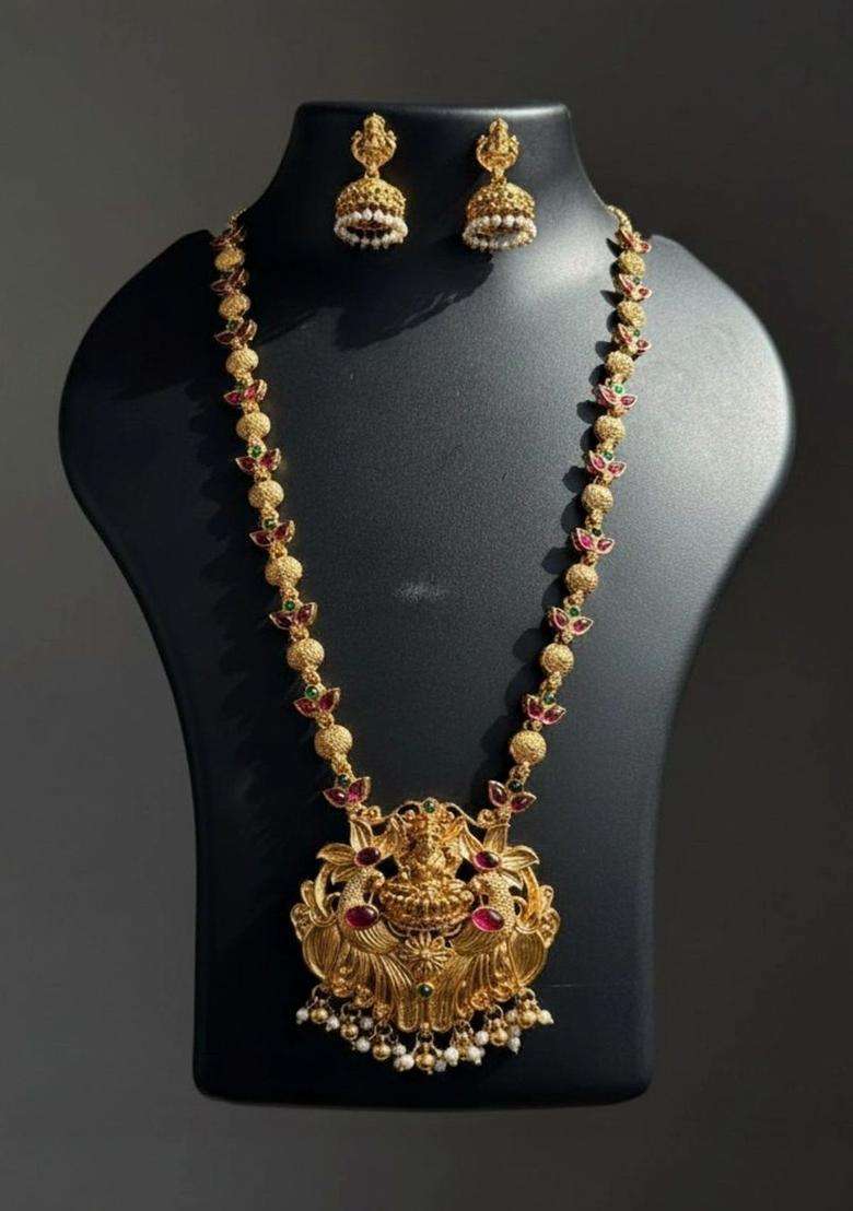 Gold-Plated Temple Stone Studded & Beaded Necklace and Earrings for Women | Traditional Temple Jewellery for Wedding & Festive Wear | Gift for Her - Indya