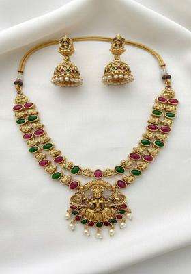 Gold-Plated Temple Stone Studded & Beaded Necklace and Earrings for Women | Traditional Temple Jewellery for Wedding & Festive Wear | Gift for Her