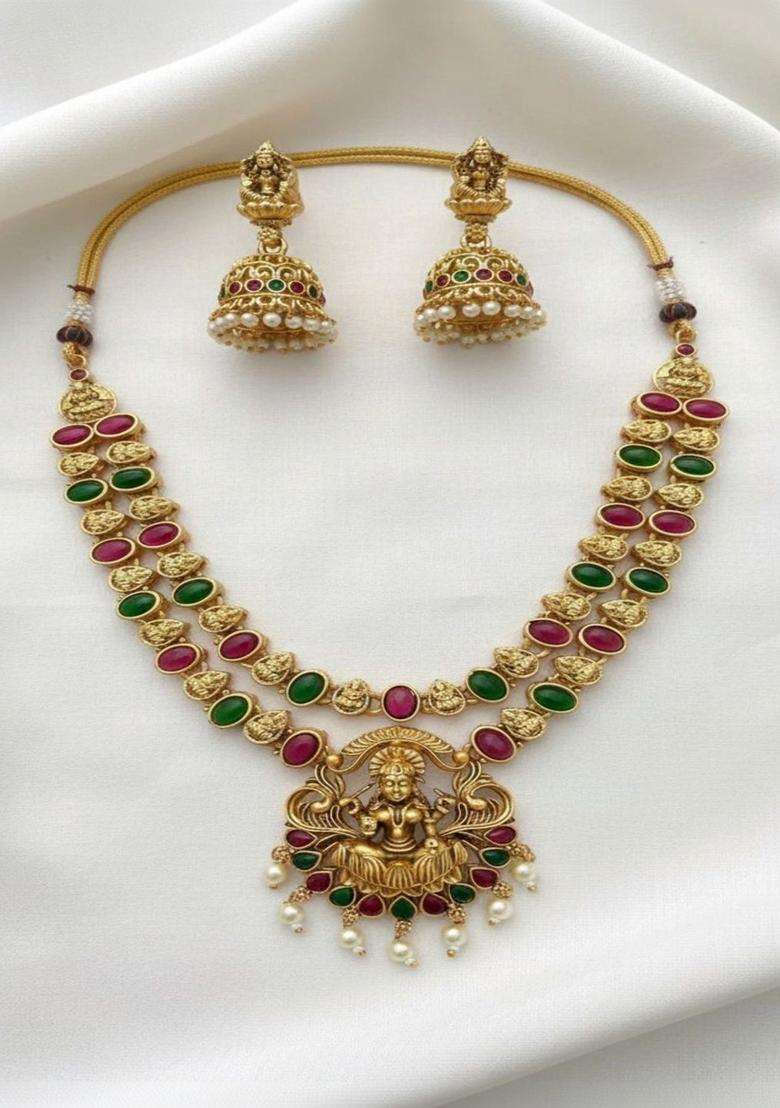 Gold-Plated Temple Stone Studded & Beaded Necklace and Earrings for Women | Traditional Temple Jewellery for Wedding & Festive Wear | Gift for Her - Indya