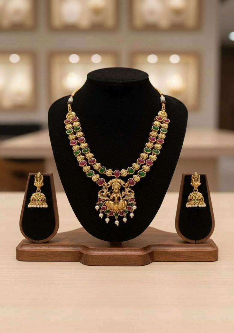 Gold-Plated Temple Stone Studded & Beaded Necklace and Earrings for Women | Traditional Temple Jewellery for Wedding & Festive Wear | Gift for Her - Indya