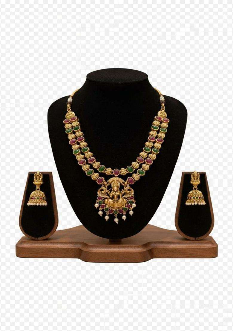 Gold-Plated Temple Stone Studded & Beaded Necklace and Earrings for Women | Traditional Temple Jewellery for Wedding & Festive Wear | Gift for Her - Indya