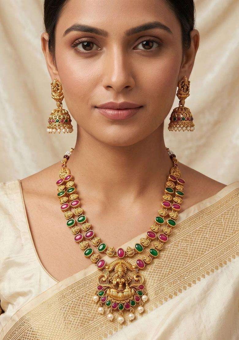Gold-Plated Temple Stone Studded & Beaded Necklace and Earrings for Women | Traditional Temple Jewellery for Wedding & Festive Wear | Gift for Her - Indya