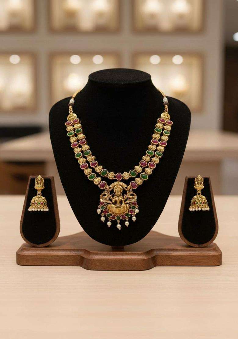 Gold-Plated Temple Stone Studded & Beaded Necklace and Earrings for Women | Traditional Temple Jewellery for Wedding & Festive Wear | Gift for Her - Indya