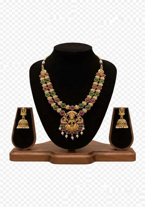 Gold-Plated Temple Stone Studded & Beaded Necklace and Earrings for Women | Traditional Temple Jewellery for Wedding & Festive Wear | Gift for Her