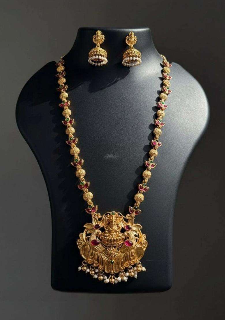 Gold-Plated Temple Stone Studded & Beaded Necklace and Earrings for Women | Traditional Temple Jewellery for Wedding & Festive Wear | Gift for Her - Indya