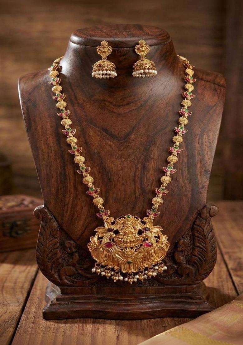 Gold-Plated Temple Stone Studded & Beaded Necklace and Earrings for Women | Traditional Temple Jewellery for Wedding & Festive Wear | Gift for Her - Indya