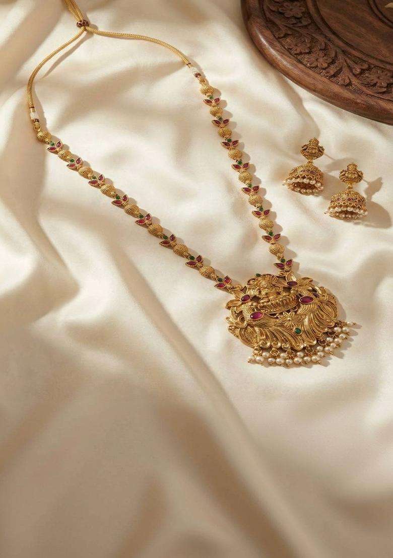 Gold-Plated Temple Stone Studded & Beaded Necklace and Earrings for Women | Traditional Temple Jewellery for Wedding & Festive Wear | Gift for Her - Indya