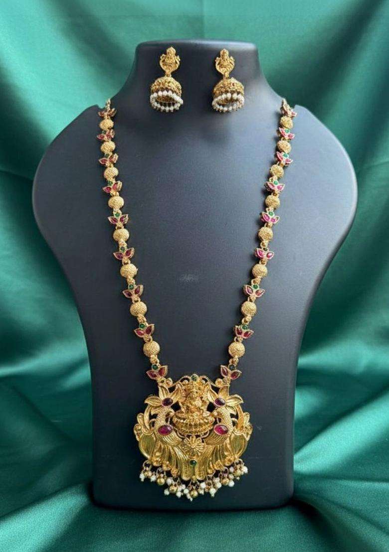 Gold-Plated Temple Stone Studded & Beaded Necklace and Earrings for Women | Traditional Temple Jewellery for Wedding & Festive Wear | Gift for Her - Indya