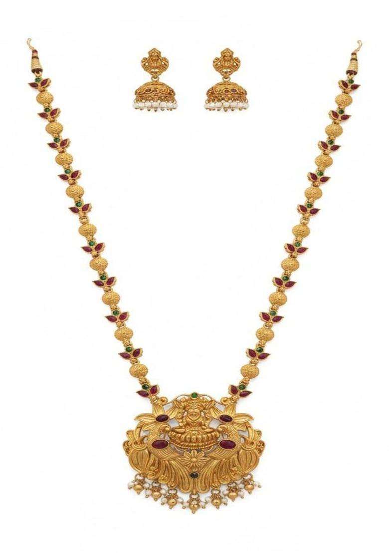 Gold-Plated Temple Stone Studded & Beaded Necklace and Earrings for Women | Traditional Temple Jewellery for Wedding & Festive Wear | Gift for Her - Indya
