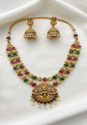 Gold-Plated Temple Stone Studded Beaded Necklace and Earrings for Women | Traditional Temple Jewellery for Wedding & Festive Wear | Gift for Her